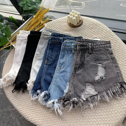 Summer New High Waist Tassel Hole Denim Shorts Women