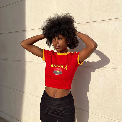 Hip-hop Harajuku Grunge angola National Flag Text Print T-shirt Streetwear Y2k Crop Tops Summer Cozy Sexy Women Camisole