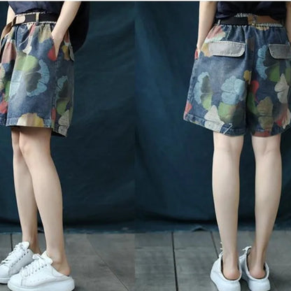 Korean Version Literary Casual Plus Size Printed Jeans Shorts