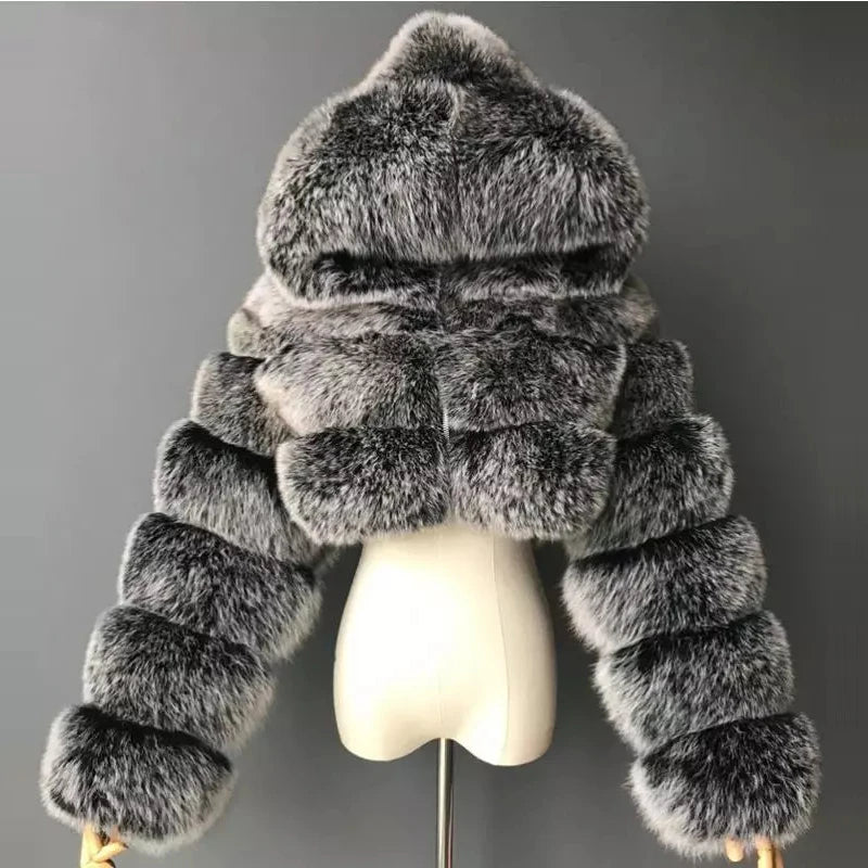 High Quality Furry Cropped Faux Fur Coat - Women’s Fluffy Top Jacket Thick Womenswear