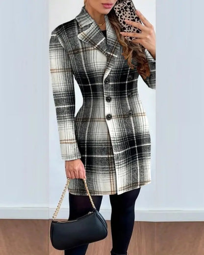 Autumn Fashion Plaid Jacket - Double Breasted Polo Collar