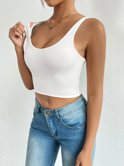 Solid Scoop Neck Cami Top, Casual Sleeveless Backless Crop Top, Women's Clothing