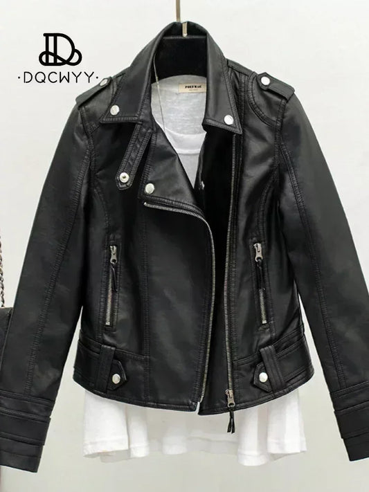 Women’s PU Jacket - Fashion Black Slim Lapel Motorcycle