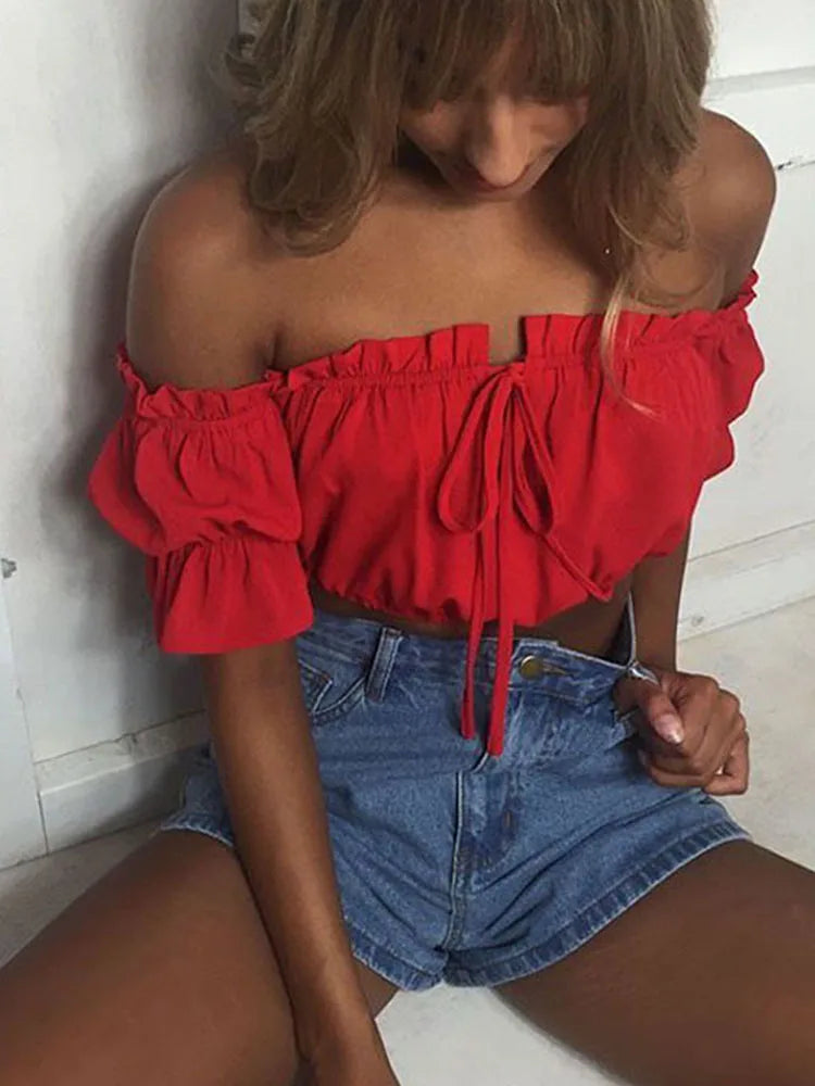 Crop tops women 2022 summer lantern sleeve sexy strapless beach tops red black white ruched crop top croptop