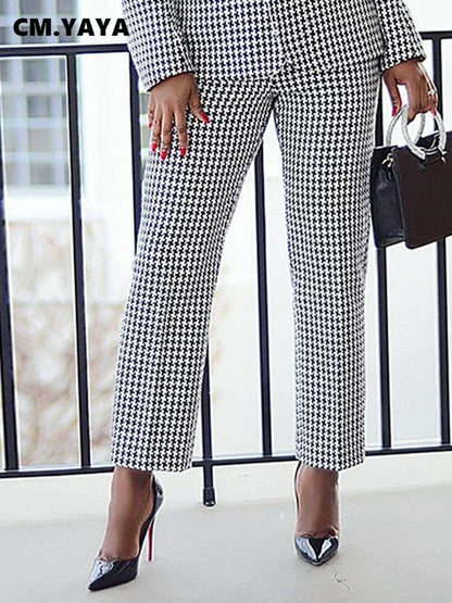 Elegant Houndstooth Blazer Suit - 2 Piece Autumn Winter