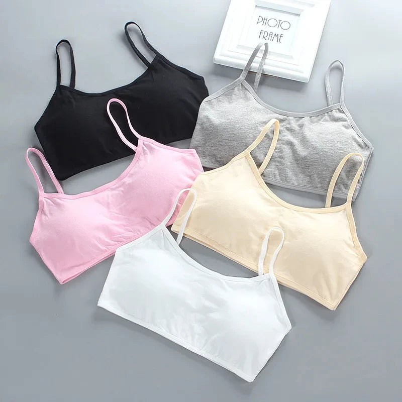 Teenagers cotton spandex bra solid color vest for 8-18 years old children training underwear with chest pad cute tops