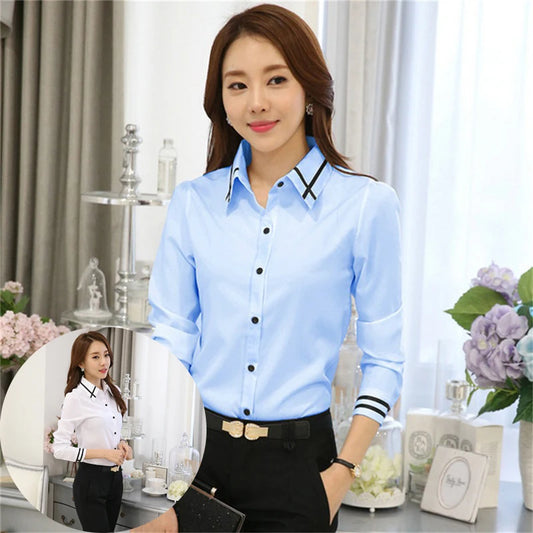 Women's Shirt Business Formal Wear Long-sleeved Slim Fit Professional Female Turn-down Collar Solid Color Tops For Ladies