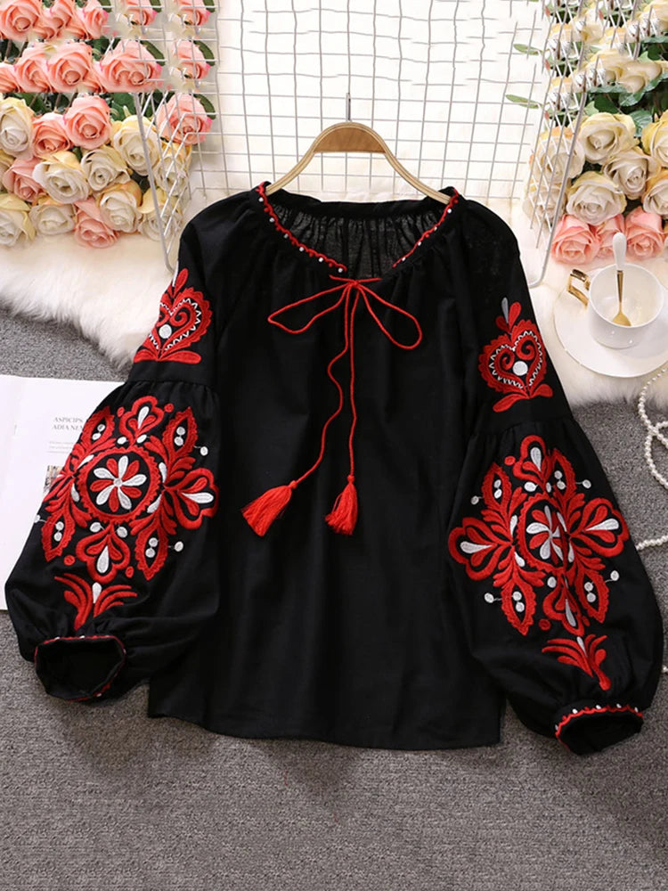 EWQ Sweet Style Women Pullover Shirts Embroidery Patchwork Bandage V-neck Lantern Sleeve Spring Summer 2023 New Blouse SN0452