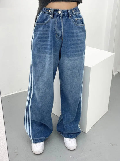 Korean Fashion Washed Blue Stripe Baggy Jeans Goth