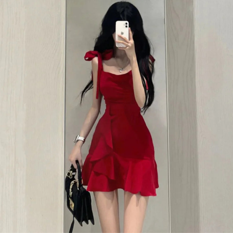 Red Camisole Dress Women Spring Summer New Waist Reduction Slimming Short Skirt