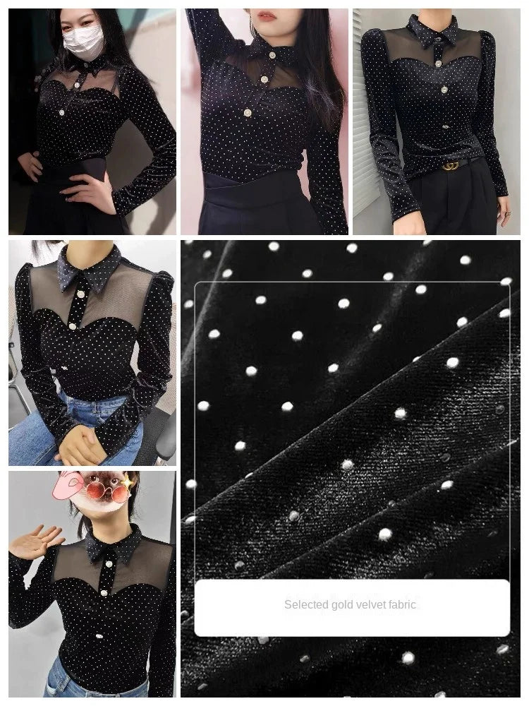 Black Vintage Doll Collar Polka Dot Gold Velvet Top Women's Autumn and Winter Gauze Splicing Perspective Sexy T-shirt