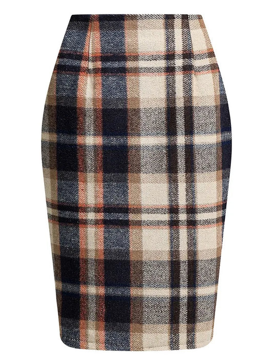 Plaid Wool Knee-Length Skirt Women's Checked Vintage Office Bodycon