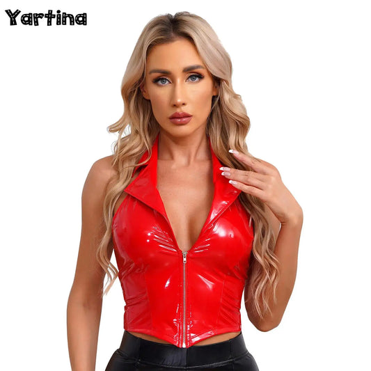 Womens Wetlook Latex Crop Top Waistcoat Slim Fit Undershirt Vest PU Leather Tanks Top Backless Camisole Shirt Tops Gogo Clubwear