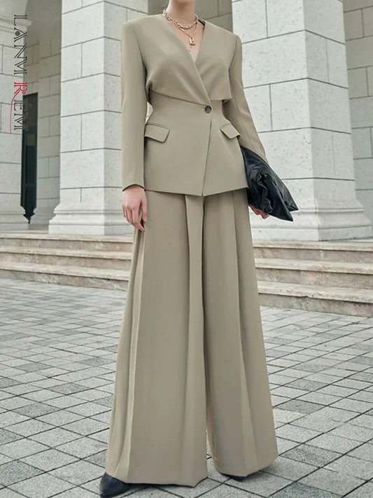 Elegant Women's Suit Set - Gathered Waist Blazer & Wide Leg Pants