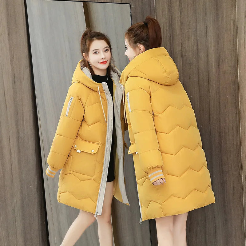 Winter Coat Mid-length Parkas - Cotton Padded Hooded, Warm Casual Overcoat