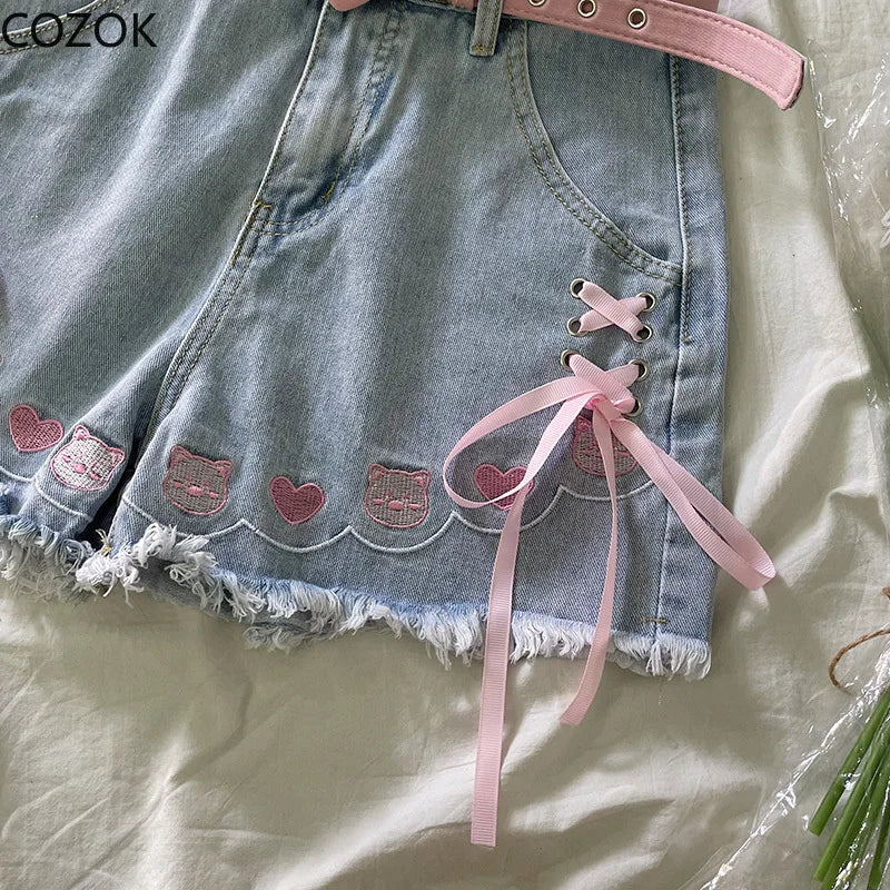 Japanese Chic Bandage Lolita Denim Shorts Sweet Cute Cartoon