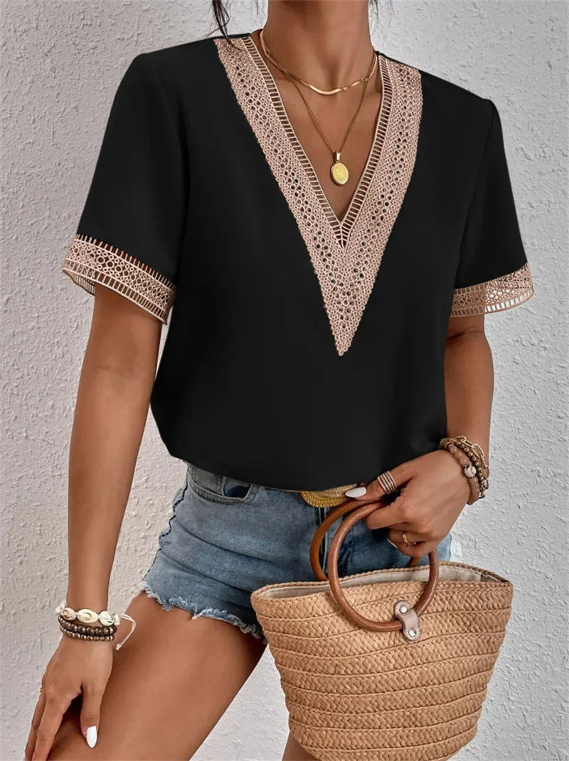 Women's Blouse V-neck Splicing Lace Elegant Commuter Loose Short Sleeve Shirt Female 2023 Summer British Style Daily Casual Tops