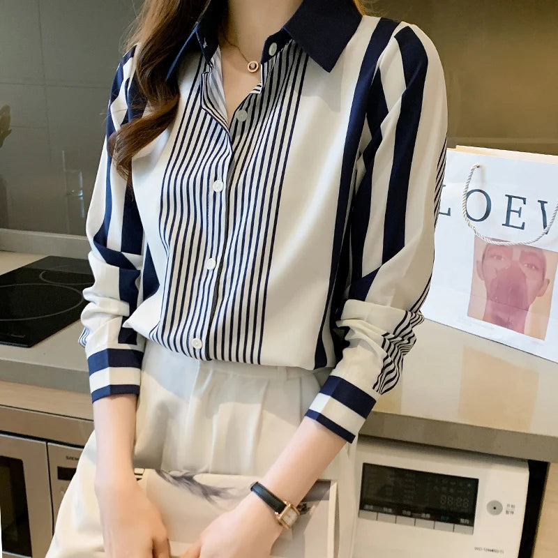 Long Sleeve Striped Chiffon Blouse Shirt Women Tops Blusas Mujer De Moda 2024 Turn Down Collar Blouse Women Blouses Shirts G316