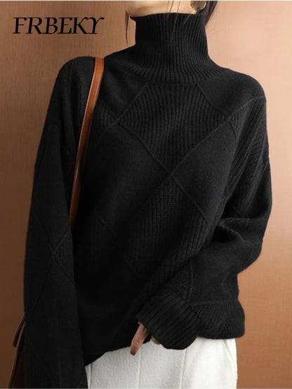 Turtleneck Sweater Autumn Winter Diamond Solid Color Warm Pullover Loose Lazy Wind Knitted Bottoming Shirt Pullovers Tops Jumper