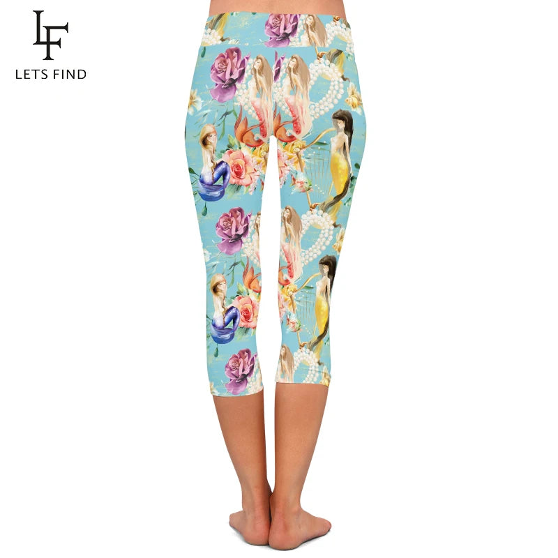 Milk Silk Mermaid Print Capri Leggings High Waist Mid-Calf