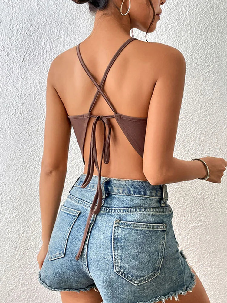 European And American Women's Sexy Spring/Summer Slim Fit Spicy Girl Sleeveless Off Shoulder Hanging Neck Strap Top T-shirt