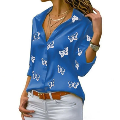 Women Long Sleeve Blouse Oversized Spring Autumn Turn Down Collar Loose Office Lady Casual Butterfly Printing Basic