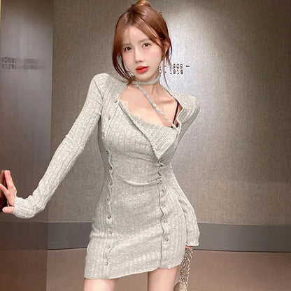 Women Long Sleeve Tight Dress Split Short Slim Fit Dress Lady Autumn Hanging Neck Dress Sexy Party Halter Elastic Bodycon Dress