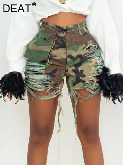 Fashion Women's Denim Shorts High Waist Loose Camouflage Tassels