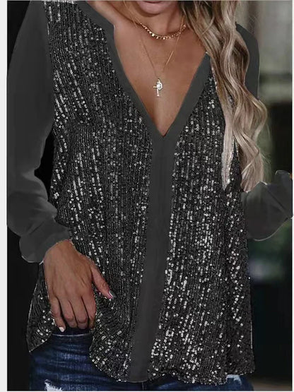 Women Blouse Plus Size V Neck Blouse Casual Loose Sequin Ladies Tops Women Shirt Top Long Sleeve Blouses Womens Tops Blouses