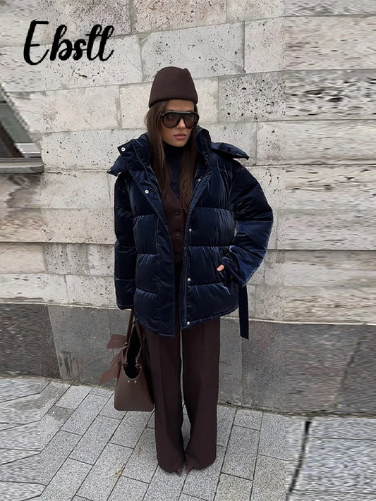 Warm Glossy Hooded Lace-Up Overcoat In Solid Color