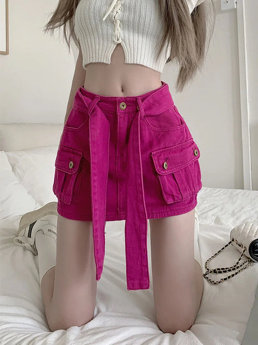 Safari Style Women's High-Waist Denim Skirt Rose-Red Streetwear