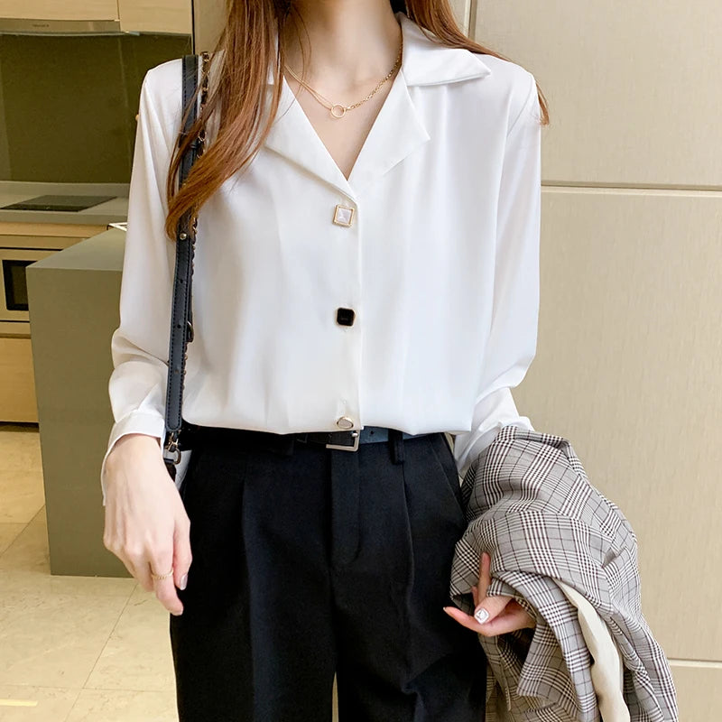 Long Sleeve Black White Blouse Tops Blouse Women Blusas Mujer De Moda 2024 V-neck Chiffon Blouse Shirt Blouses Femme Blusas E447