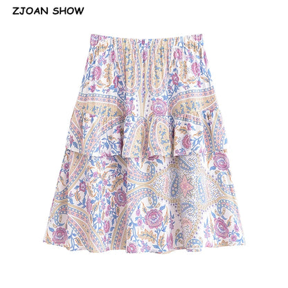 Contrast Color Flower Print Knee Length Skirt Ruffle Hem