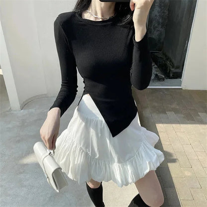 Spring Summer Black Fold Ball Gown Skirt Women's Elastic High-Waist A-Line Sexy