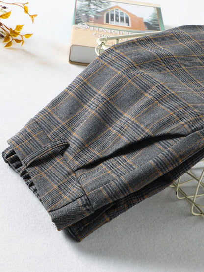 Korean High Waist Ankle Length Straight Pants Plaid Split