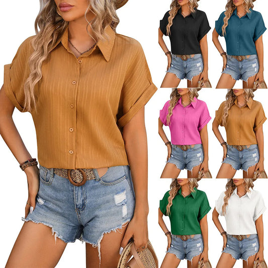 YJKDYK 2024 Women's Blouse Loose Shoulder Short Sleeve Casual Shirt Women's Summer Top Retro Solid T-shitr Women's Clothing