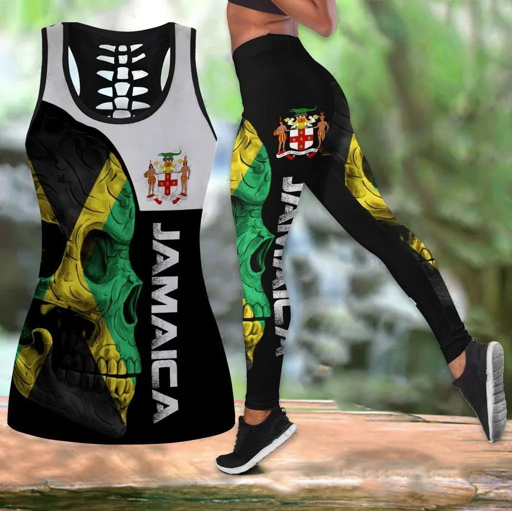 Cosmos Jamaica Lion Coat Arms Flag Printed Hollow Tank Leggings