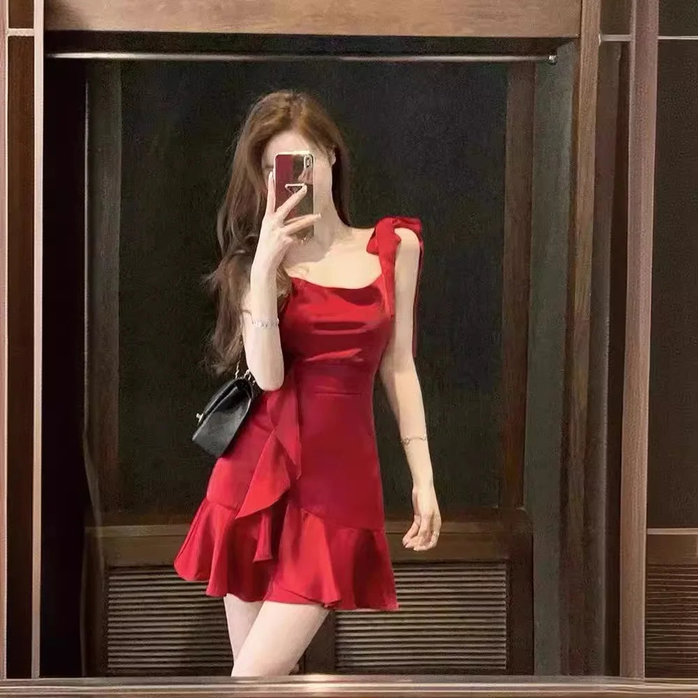 Red Camisole Dress Women Spring Summer New Waist Reduction Slimming Short Skirt