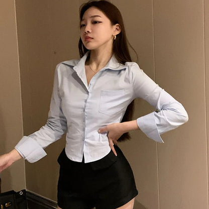 Gidyq Elegant Women Korean Shirts Fashion Streetwear Female Slim Blouse Spring Y2K Casual Office Ladies Sexy Cropped Tops New