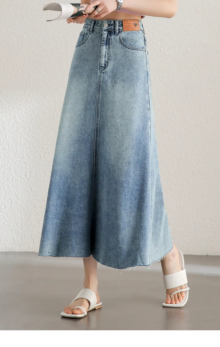 Sentubila Retro Washed A-Line Long Denim Skirt New