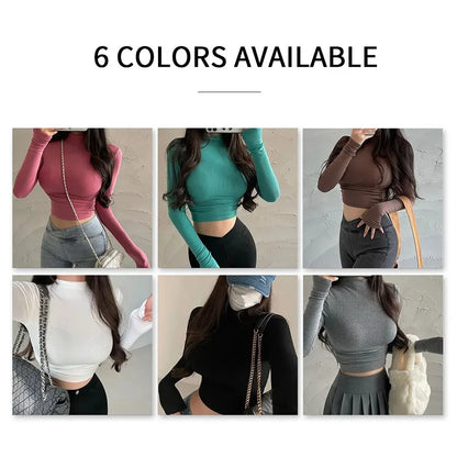 Womens Long Sleeve Turtleneck T Shirts Ribbed Tight Knit Sexy Slim Fitted Casual Women's Basic Crop Tops Cropped T-Shirt