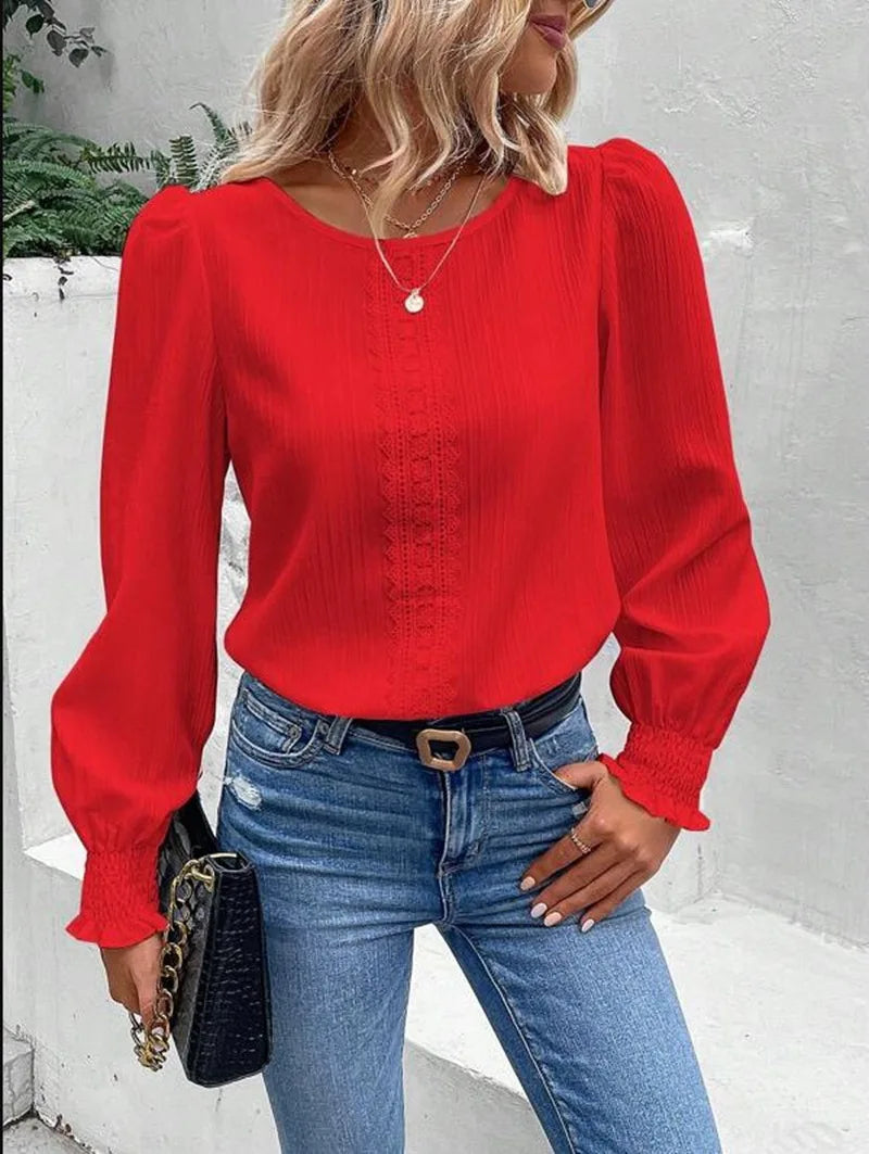 Elegant Women's Long Sleeved Shirt Spring/Summer 2023 Round Neck  Casual Solid Color Blouse Office Lady Clothing S-2XL