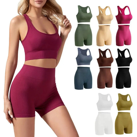 High Waist Short Workout Outfits Ribbed Seamless Tracksuit Matching