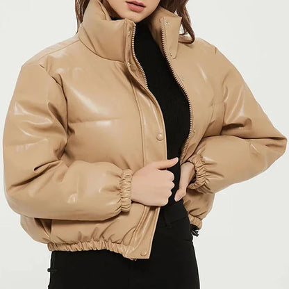 Women's Thick Short Parka - PU Leather, Black Cotton Padded Down Jacket