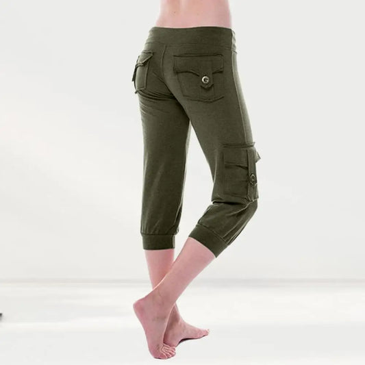 Summer Cropped Pants Women's Cargo Pants Solid Jogger Multi-Pocket Elastic Waist