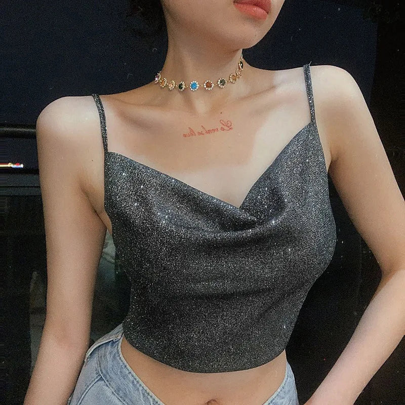 2024 Fashion Women Summer Shiny Spaghetti Camis Crop Top Black Straps Low Cut V-Neck Form-Fitting Tank Top for Girls Streetwear