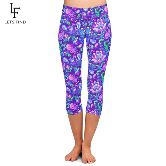 Fashion Paisley Watercolor Floral Print Capri High Waist Leggings