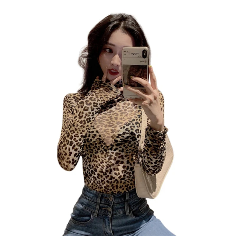 Women Retro Half High Collar Leopard T-shirt Female Autumn Sexy Slim Long-sleeved Mesh T-shirt Perspective Bottoming Tight Top