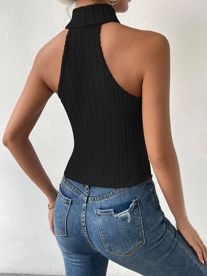 Women Half Turtleneck Sleeveless Slim Knitted T-Shirt Vest Sexy Summer Fashion Casual Solid Color Crop Top Trend 2024