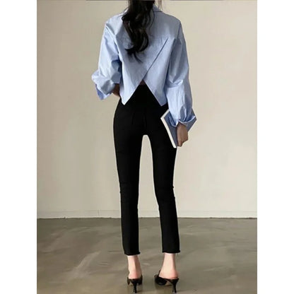 202 Spring Casual Long Sleeve Women White Shirt Korea Style Solid Button Split Woman Crop Tops Blouse Party Clothing ﻿